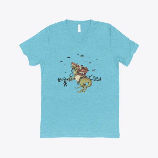 Jesus Riding Dinosaur Triblend V-Neck T-Shirt 1