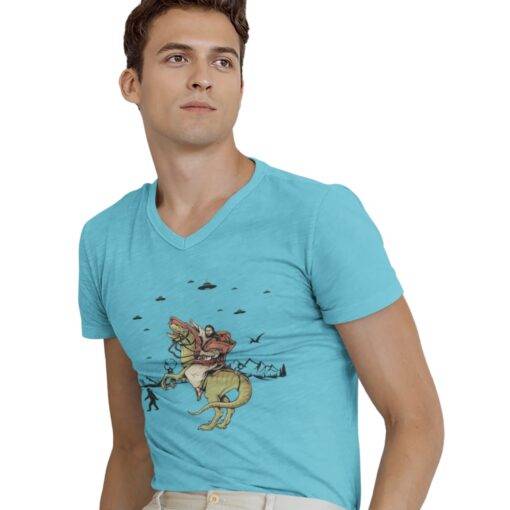 Jesus Riding Dinosaur Triblend V-Neck T-Shirt 6