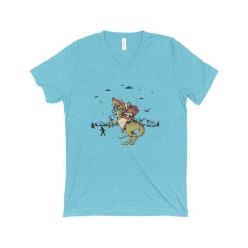 Jesus Riding Dinosaur Triblend V-Neck T-Shirt 3