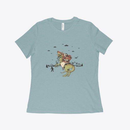 Jesus Riding Dinosaur Women's Relaxed Heather T-Shirt 1
